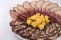 Meat products and cheese sliced Ã¢â¬â¹Ã¢â¬â¹on a white plate Royalty Free Stock Photo